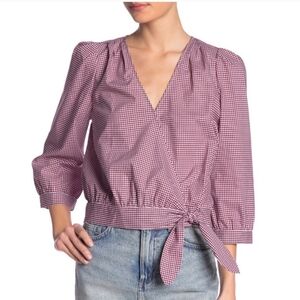 Madewell 100% Cotton Burgundy Gingham 3/4 Puff Sleeve Side Tie Wrap Blouse